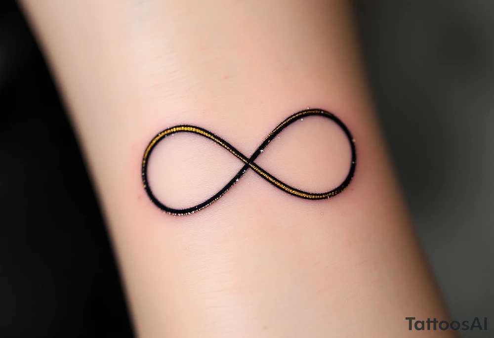 A thin, minimalist infinity outline in black gold, with tiny white sparkles accenting the curves. tattoo idea