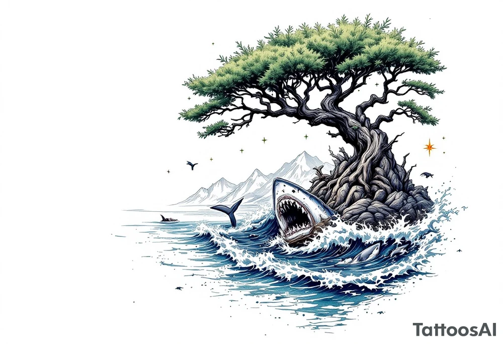 tattoo that has an acacia tree with mountains, ocean with a ship wreck with sharks and the bright northern star tattoo idea