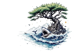 tattoo that has an acacia tree with mountains, ocean with a ship wreck with sharks and the bright northern star tattoo idea