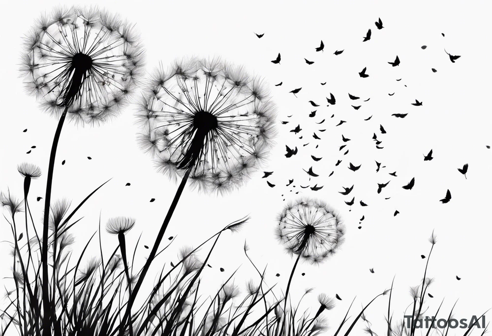 Dandelion with its ligules blowing away, a few legs are tiny hearts, the girls turn into a little bird, flying away to its future tattoo idea