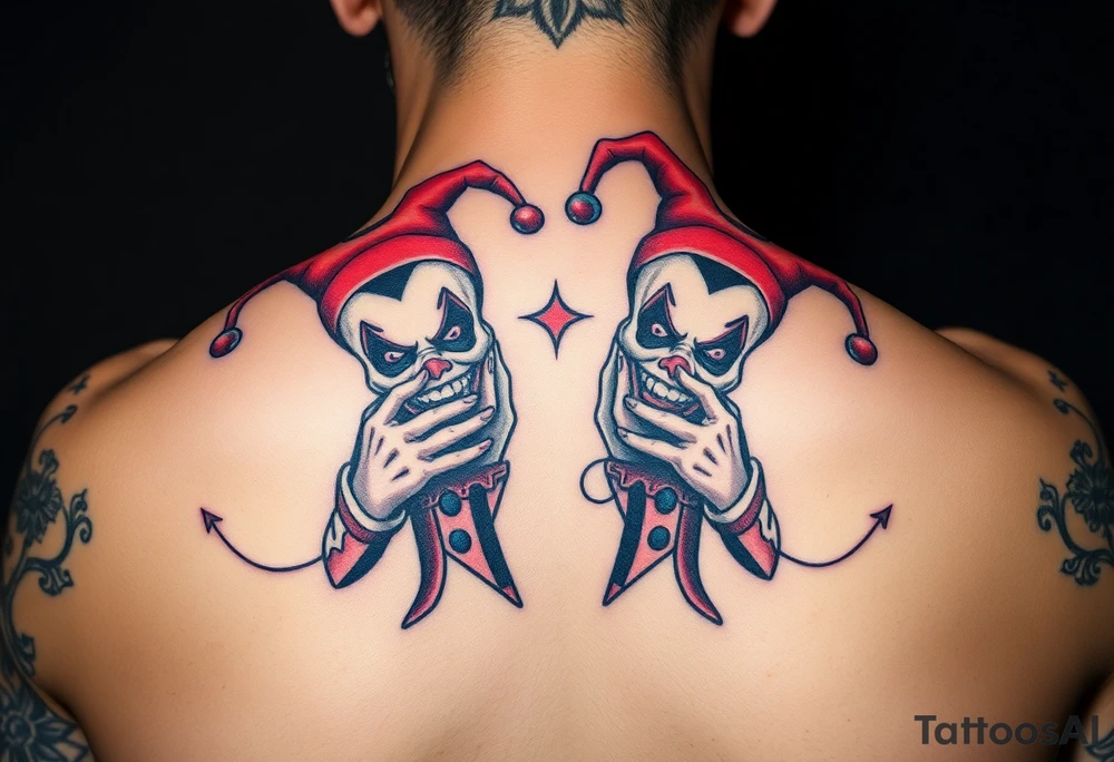 a toxic jester clowns standing behind each other holding cheeks up to smile tattoo idea