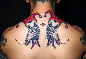 a toxic jester clowns standing behind each other holding cheeks up to smile tattoo idea