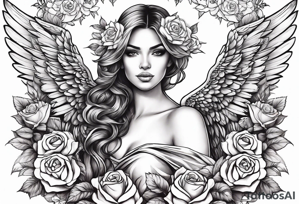 Beautiful woman angle with wings standing surrounded by roses tattoo idea
