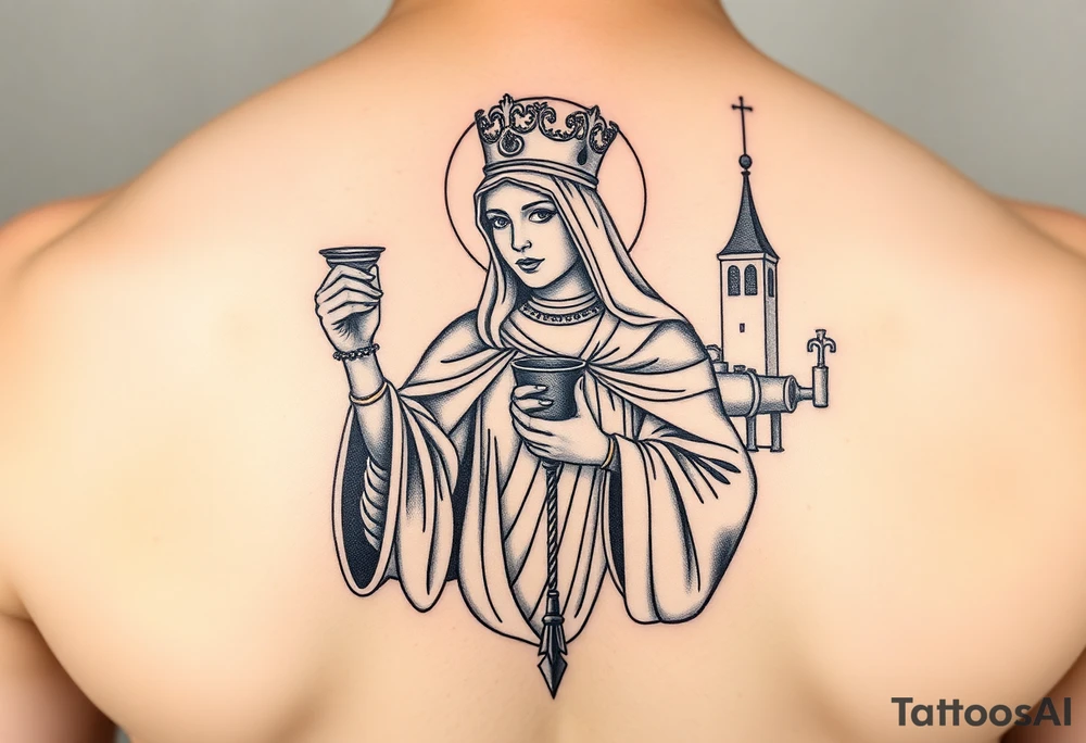 Saint Barbara+ holding chalice+ tower in background+artillery tattoo idea