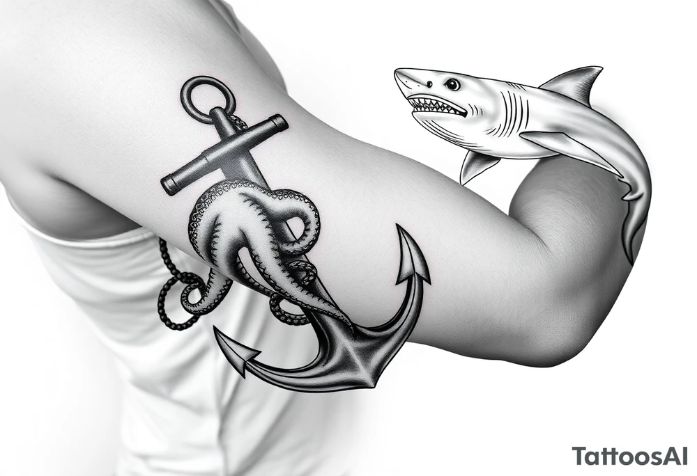 anchor with a pair of lung ingraved on it with an octopus who is holding the anchor and pulling doward on my forearm then on my upper arm and shoulder a hammerhead shark who is tied to the anchor and  pulling up on it tattoo idea