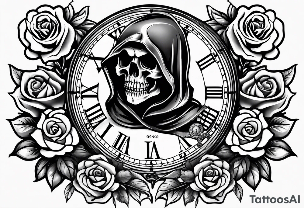 Reaper with roses and pocket watch tattoo idea