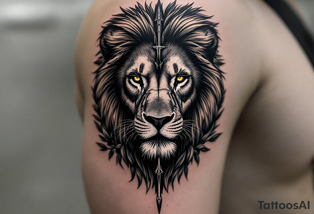 a spiritual lion with yellow eyes that come down an arrow and surrounded by a olive tree leaf around tattoo idea