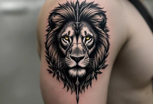 a spiritual lion with yellow eyes that come down an arrow and surrounded by a olive tree leaf around tattoo idea