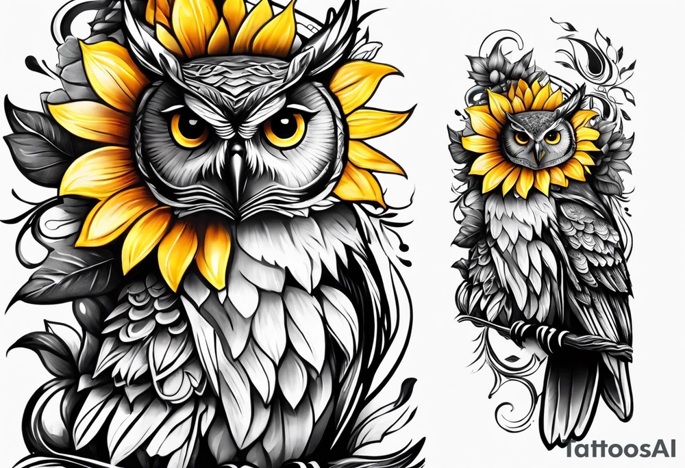 Owl and sunflower sleeve tattoo idea