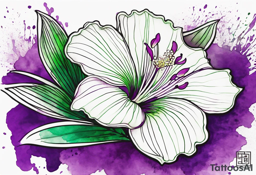 An outline of a rio dipladenia flower with a green and purple watercolor splash in the background tattoo idea