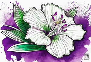 An outline of a rio dipladenia flower with a green and purple watercolor splash in the background tattoo idea