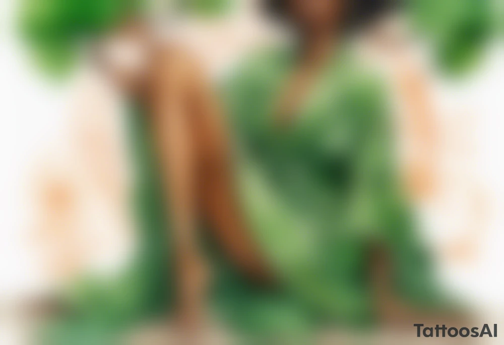 a beautiful black woman wearing a green robe with legs that turn into tree roots, arms raised towards the sun tattoo idea