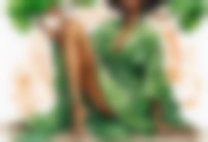 a beautiful black woman wearing a green robe with legs that turn into tree roots, arms raised towards the sun tattoo idea