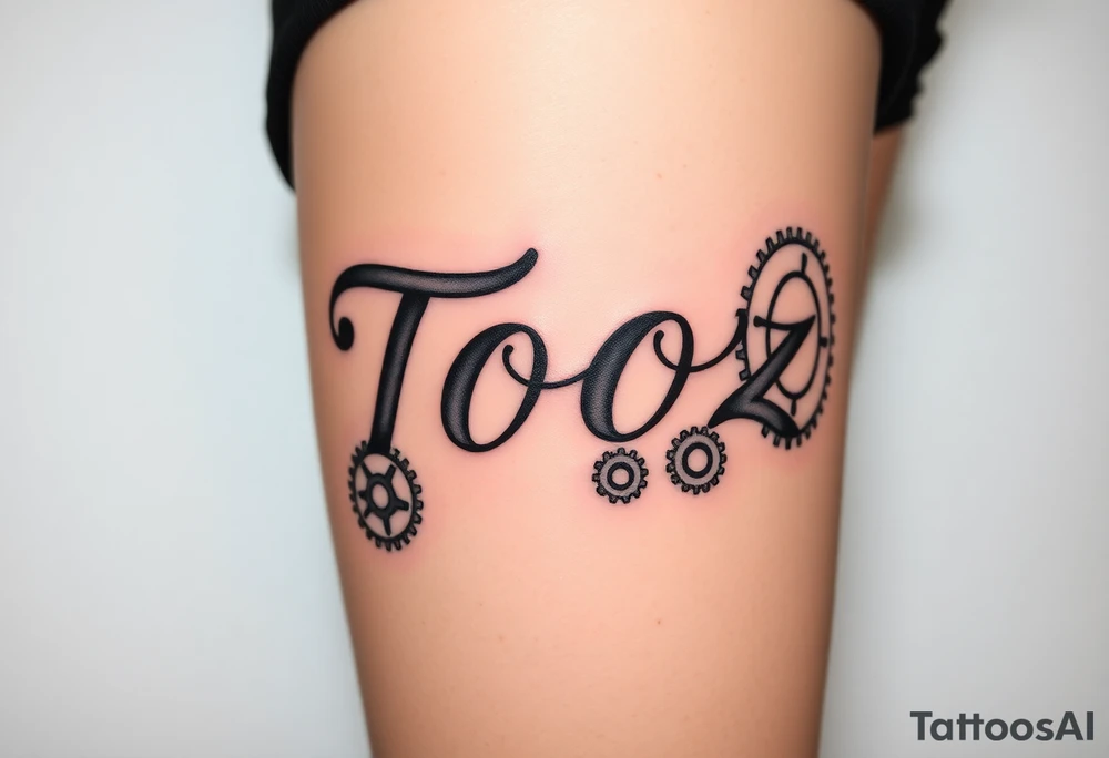 Tooz in cursive surrounded by large gears tattoo idea