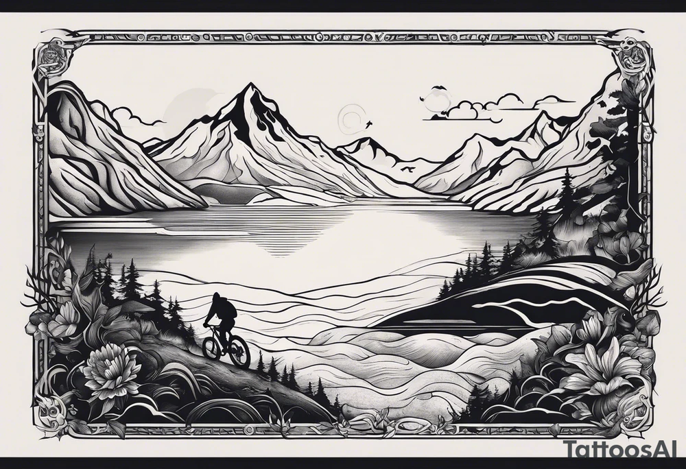 This is a tattoo that is split into 2 sections. The top half is a mountain in Norway with a mountain bike trail winding down the mountain. The bottom half of the tattoo depicts an underwater scene featuring water, and sea life. tattoo idea