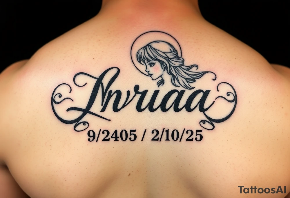 Love one tattoo with the name nriaa 9/24/05 death date 2/10/25 black lining, less shade in including a halo on thigh girl tattoo idea