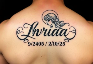 Love one tattoo with the name nriaa 9/24/05 death date 2/10/25 black lining, less shade in including a halo on thigh girl tattoo idea