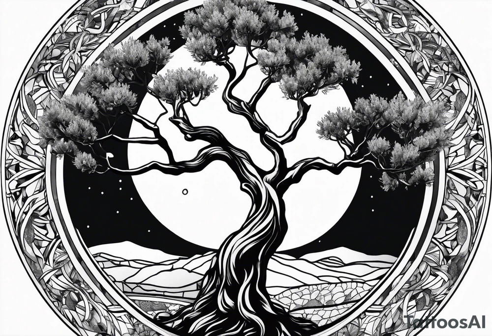 An olive tree growing in a moon tattoo idea