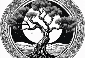 An olive tree growing in a moon tattoo idea