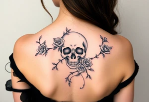 gothic skull intertwined with climbing roses and thorny vines tattoo idea