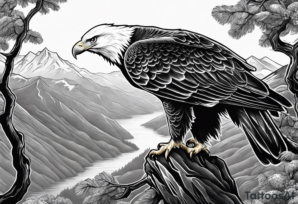 Eagle searching for a White Dove on a tree limb in the mountains tattoo idea Eagle searching for a White Dove on a tree limb in the mountains tattoo idea