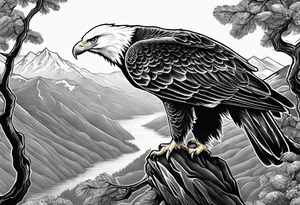 Eagle searching for a White Dove on a tree limb in the mountains tattoo idea