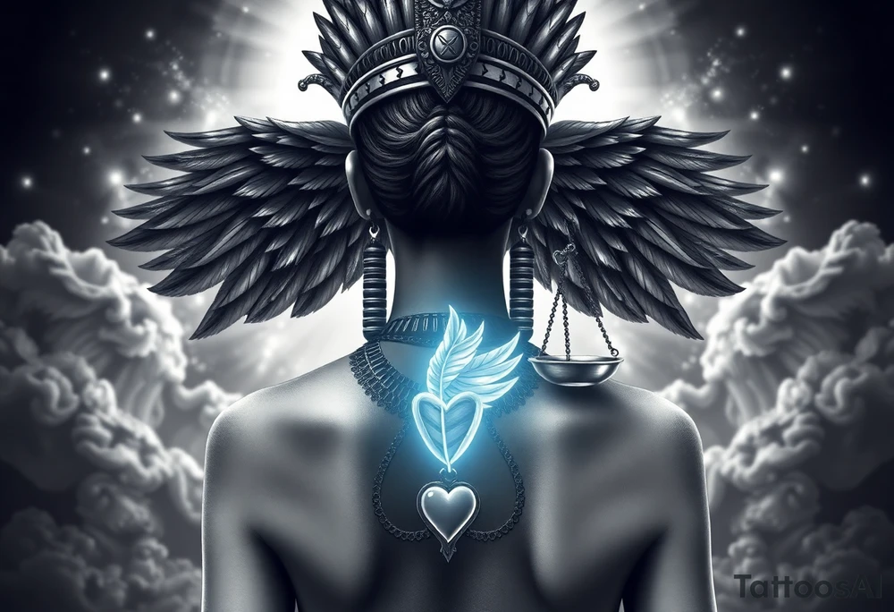 Beautiful Egyptian goddess woman, depicted as a regal woman with an ostrich feather headdress, and intricate ancient Egyptian jewelry, the Anhk necklace. Background includes something similar to heaven, as one is walking into it. Incorporate the Scales of Justice—one side holding a heart, the other Ma’at’s feather—glowing with ethereal energy. Emphasize dramatic lighting, deep shadows, and surreal, mystical atmosphere tattoo idea