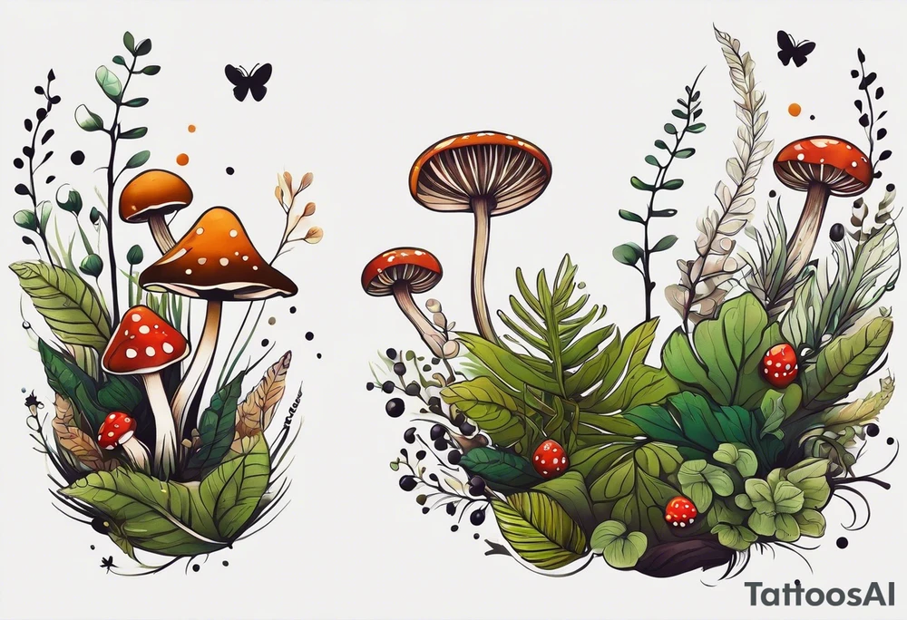 minimalistic forest floor inspired tattoo, which includes grass, moss, curly ferns and dead leaves as the bulk of the tattoo. details to include: forest berries, couple of very small brown mushrooms, a tiny bumblebee flying nearby tattoo idea