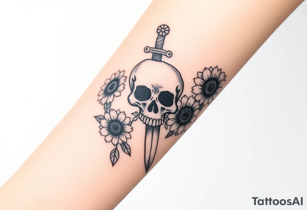 Skull, heart and dagger with roses and sunflowers tattoo idea