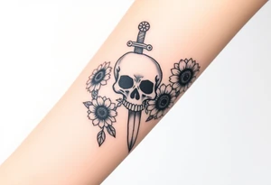 Skull, heart and dagger with roses and sunflowers tattoo idea