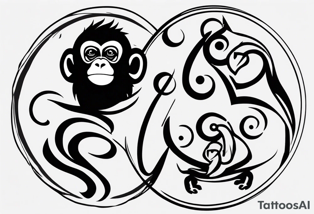 Create an abstract happy monkey body icon shape on a small disconnected circle where the monkey is just a shape no face tattoo idea