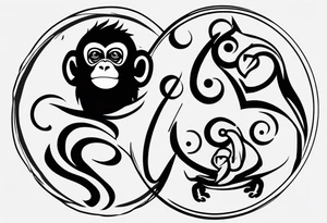 Create an abstract happy monkey body icon shape on a small disconnected circle where the monkey is just a shape no face tattoo idea
