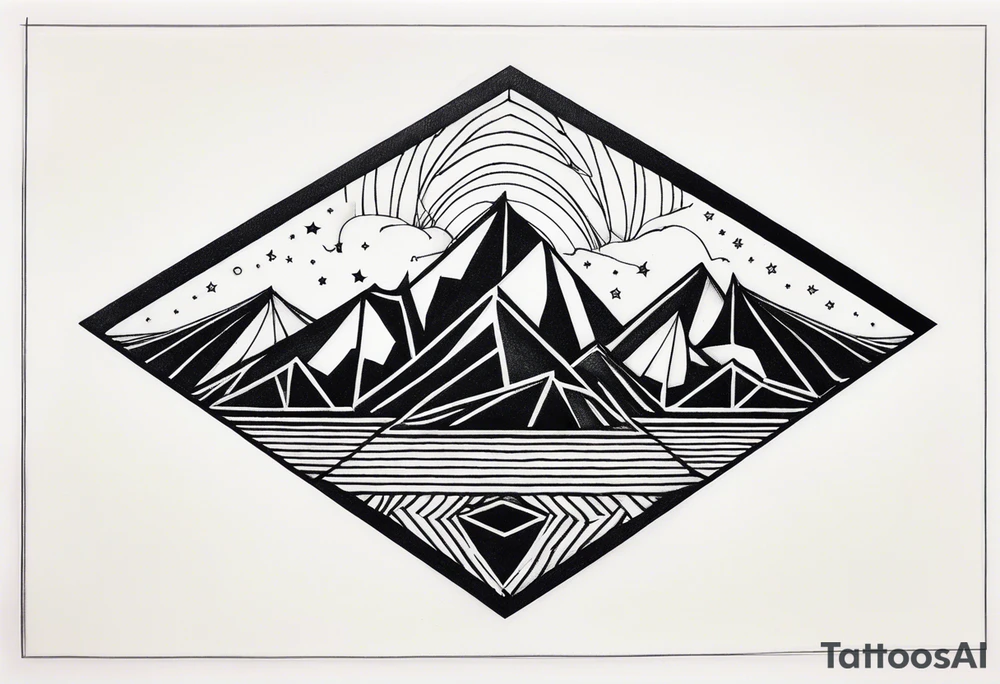 Mountain Massif, one Peak, only peak surrounded woth semi circle dashed Line, in semi circle two littel fine Stars coloured, waves overlapping in Side, Open geometrical Forms Like Diamond with Open lines tattoo idea