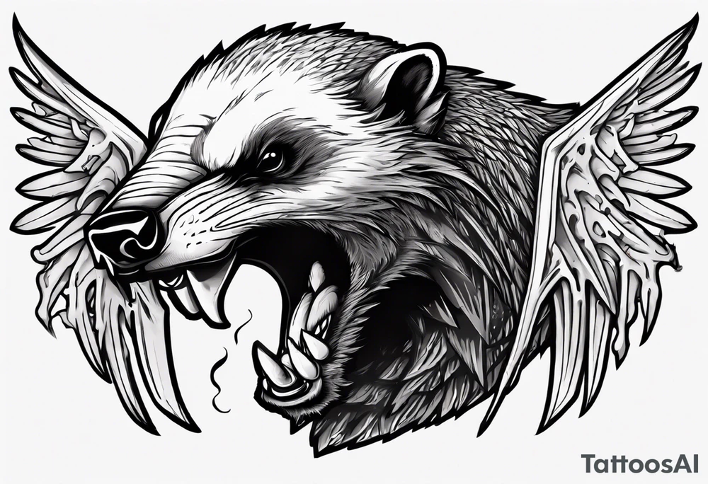Angry, snarling, detailed forward-facing honey badger against the background of large wings made of bones tattoo idea