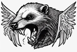 Angry, snarling, detailed forward-facing honey badger against the background of large wings made of bones tattoo idea