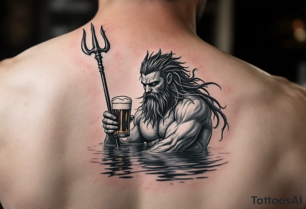 young, fit poseidon in calm water, holding a trident, drinking a beer tattoo idea