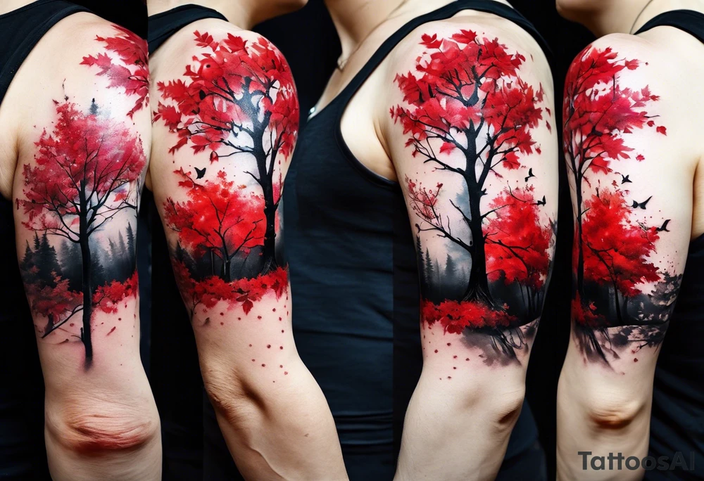 trash polka style. Arm tattoo. chest tattoo. Long tattoo. large tattoo. Full sleeve. Shoulder. A single large maple tree with red autumn leaves that branches upwards from wrist to shoulder. White-throated dipper bird on the trees branches. Calluna flowers at the base of the trees stem. Tree stem has dark colors. Red/yellow sunset behind the trees stem. Leaves falling. tattoo idea
