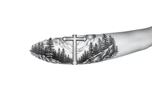 russian orthodox cross in a light forrest mountainous setting tattoo idea