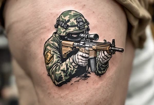 Sniper in Action – A soldier in camouflage green, lying prone in a field, with a dark wooden sniper rifle aimed at a target, his face covered by a black mask. tattoo idea