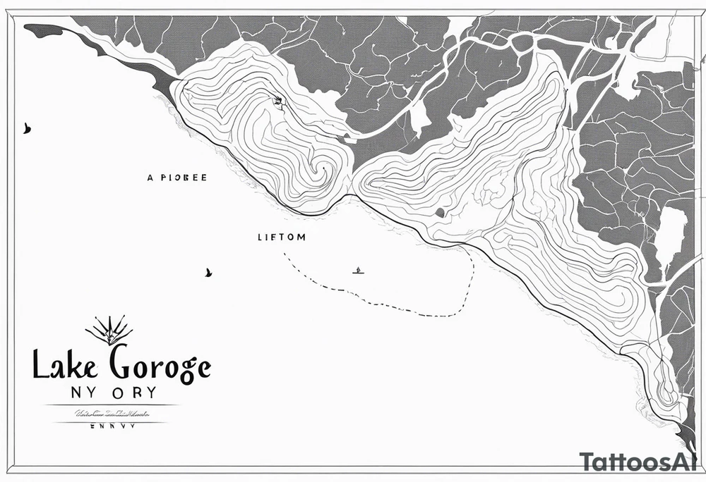 map of Lake George, NY with small hashmarks filling it throughout tattoo idea