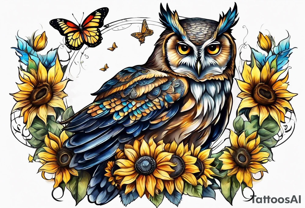 Owl with angel wings surrounded by sunflowers and butterflies sleeve tattoo idea