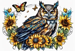 Owl with angel wings surrounded by sunflowers and butterflies sleeve tattoo idea