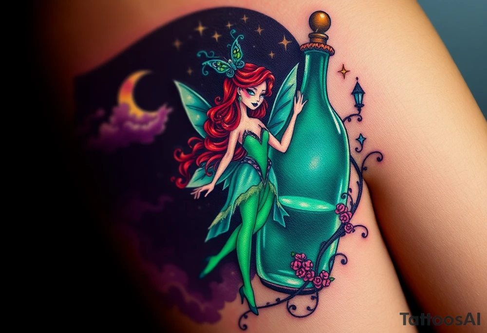 Tim Burton’s kelly doty pin up style Vintage Parisian elegant and hauntingly beautiful yet eerie full body absinthe Green Fairy dances outside her victorian crystal decatur she was once inside this elaborate ornate bottle absinthe bottle Absinthe Art Nouveau   and dripping with muted reds, dusty pinks, and eerie green glow.purple and cyan smokey clouds swirl in the crescent moonlit sky thats sprinkled with stars tattoo idea