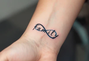 word "Family" in an infinity symbol, one half black, the other shaded in cobalt blue. tattoo idea