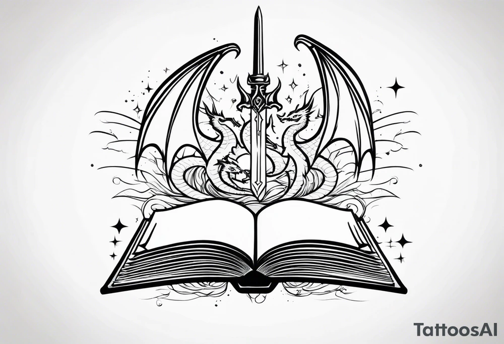 an empty open book with a sword through it, dragons and sparks surrounding the book. small design tattoo idea