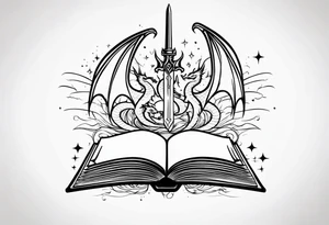 an empty open book with a sword through it, dragons and sparks surrounding the book. small design tattoo idea