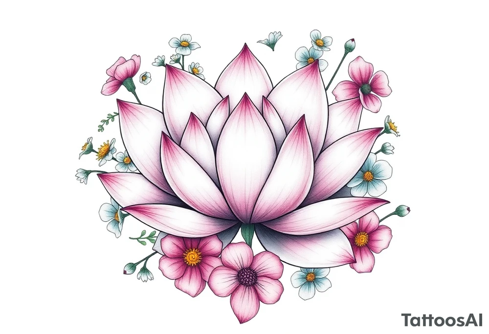 Lotus flower surrounded by forget me nots and peonies tattoo idea