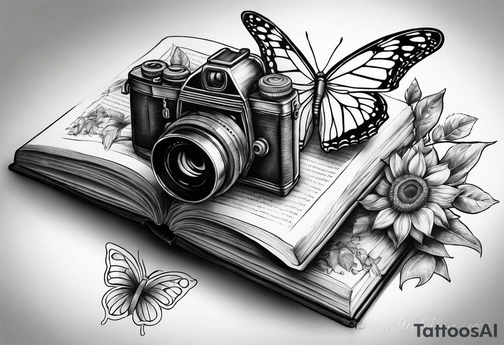 Book, sunflower, camera, butterfly, flower rose tattoo idea Book, sunflower, camera, butterfly, flower rose tattoo idea