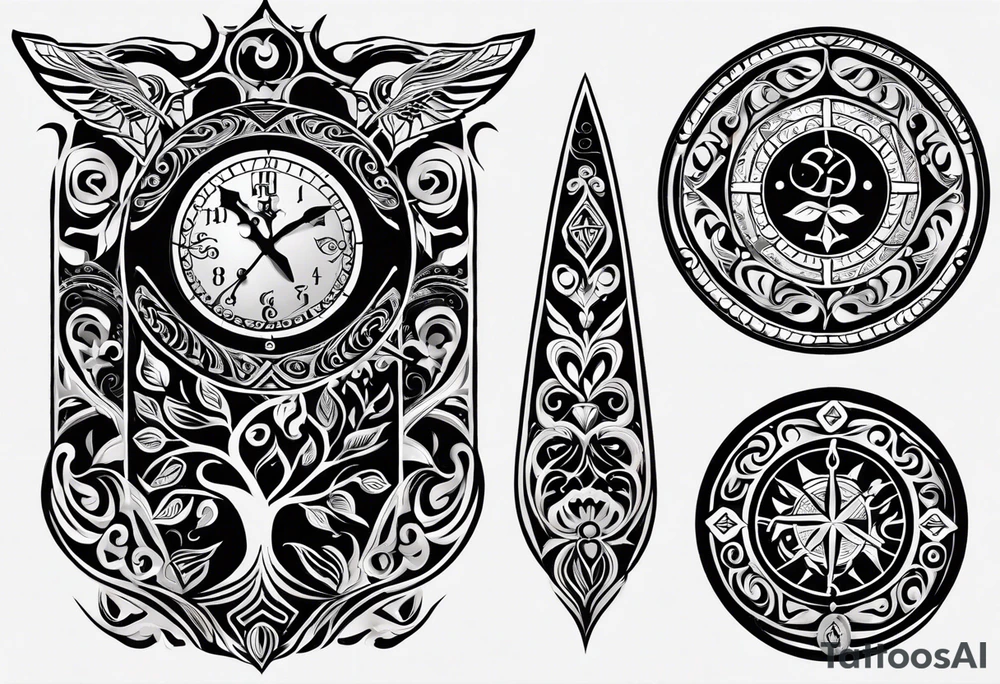 Craft a tribal Maori tattoo design seamlessly integrating the tree of life, a doctor bird, lignum vitae flowers, a nautical compass, and an old-school pocket watch. The design should flow from the arm to the chest, emphasizing equal importance for each element. Utilize traditional Maori patterns and symbolism to convey meaningful representation of these elements within the design, executed in a black and grey color scheme tattoo idea