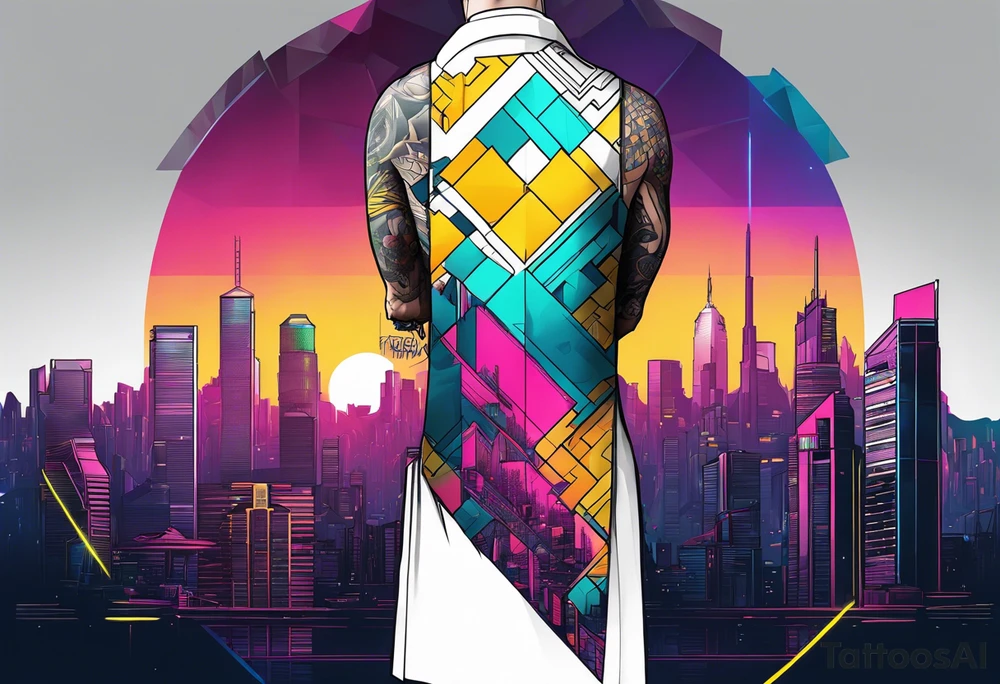 cyberpunk 2077, forearm tattoo, geometric, subtle, men, city skyline, bright colour, tattoo idea